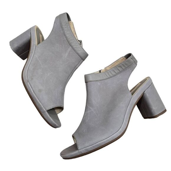 Ecco Sandals Shoes Women's Grey Size 38 Peep Toe Block Mid Heel Back Zipper - Picture 1 of 8